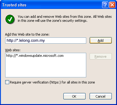 Trusted site dialog box
